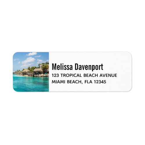 Scenic Tropical Beach with Thatched Huts Photo Label