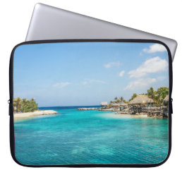 Scenic Tropical Beach with Thatched Huts Photo Laptop Sleeve
