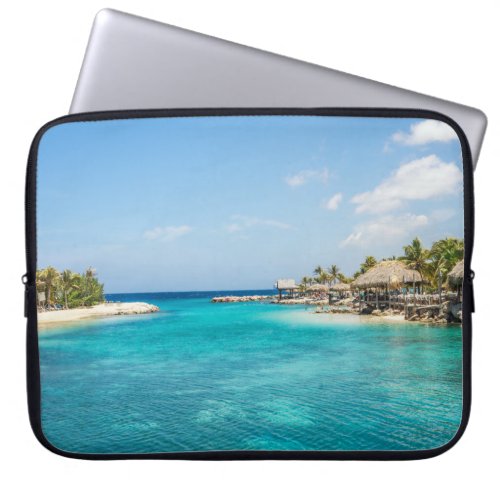 Scenic Tropical Beach with Thatched Huts Photo Laptop Sleeve