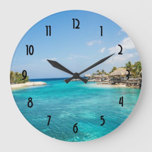 Scenic Tropical Beach with Thatched Huts Photo Large Clock