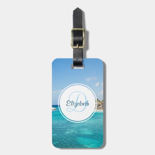 Scenic Tropical Beach with Thatched Huts Photo Luggage Tag