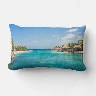 Scenic Tropical Beach with Thatched Huts Photo Lumbar Pillow