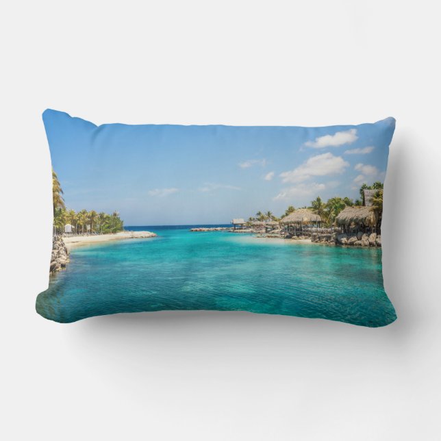 Scenic Tropical Beach with Thatched Huts Photo Lumbar Pillow (Front)