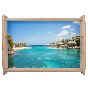 Scenic Tropical Beach with Thatched Huts Photo Serving Tray