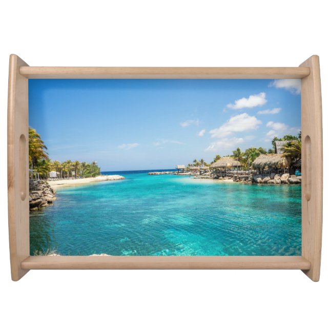 Scenic Tropical Beach with Thatched Huts Photo Serving Tray (Front)
