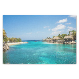 Scenic Tropical Beach with Thatched Huts Photo Tissue Paper