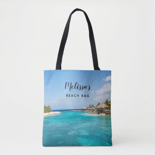 Scenic Tropical Beach with Thatched Huts Photo Tote Bag