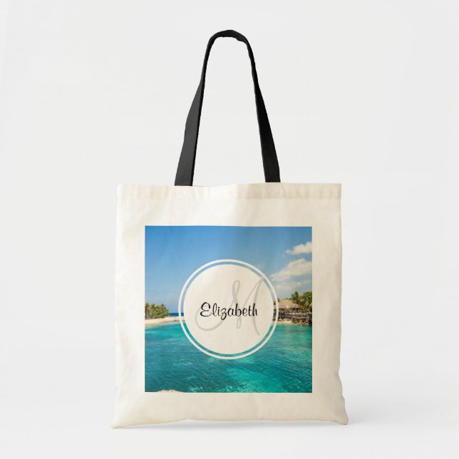 Scenic Tropical Beach with Thatched Huts Photo Tote Bag (Front)
