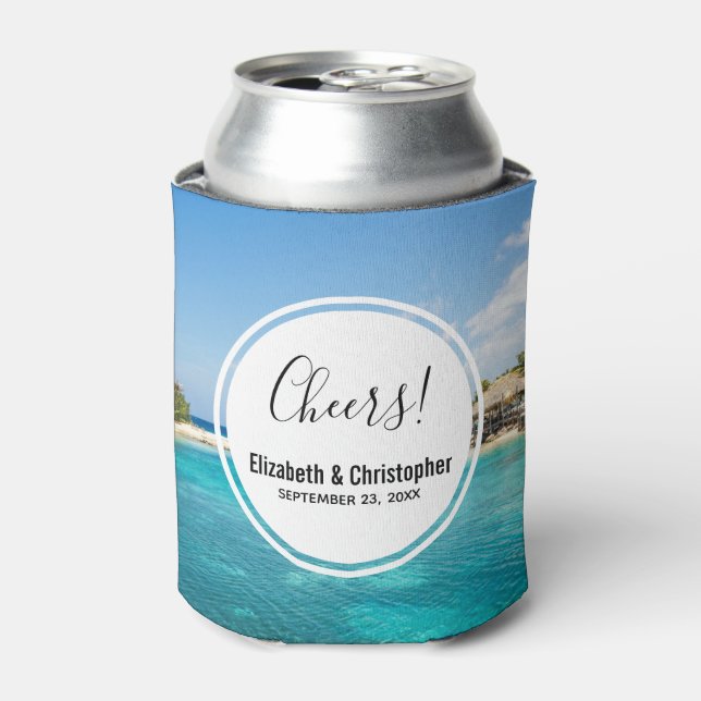 Scenic Tropical Beach with Thatched Huts Wedding Can Cooler (Can Front)