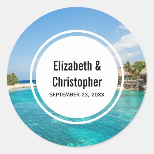 Scenic Tropical Beach with Thatched Huts Wedding Classic Round Sticker