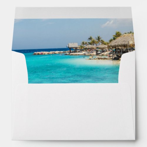 Scenic Tropical Beach with Thatched Huts Wedding Envelope