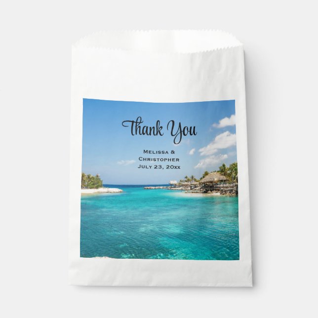 Scenic Tropical Beach with Thatched Huts Wedding Favor Bag (Front)
