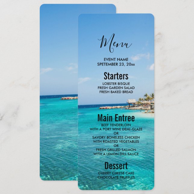 Scenic Tropical Beach with Thatched Huts Wedding Invitation (Front/Back)