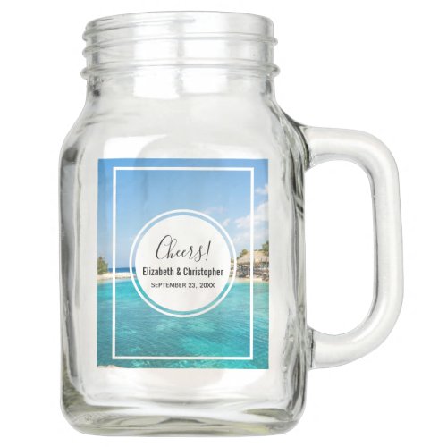 Scenic Tropical Beach with Thatched Huts Wedding Mason Jar