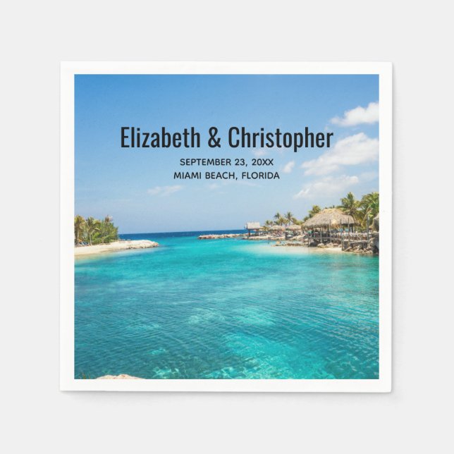 Scenic Tropical Beach with Thatched Huts Wedding Napkins (Front)