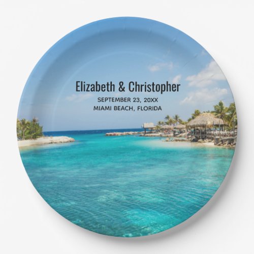 Scenic Tropical Beach with Thatched Huts Wedding Paper Plates
