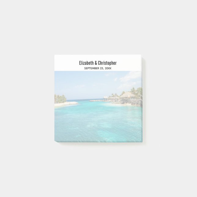 Scenic Tropical Beach with Thatched Huts Wedding Post-it Notes (Front)