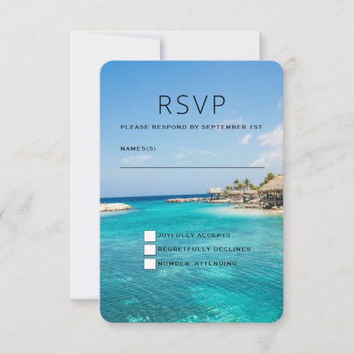 Scenic Tropical Beach with Thatched Huts Wedding RSVP Card