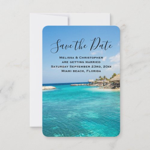 Scenic Tropical Beach with Thatched Huts Wedding Save The Date