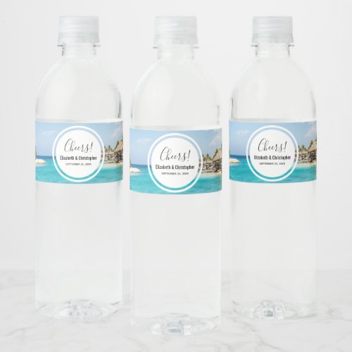 Scenic Tropical Beach with Thatched Huts Wedding Water Bottle Label