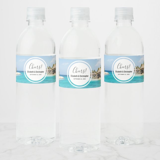 Scenic Tropical Beach with Thatched Huts Wedding Water Bottle Label (Bottles)