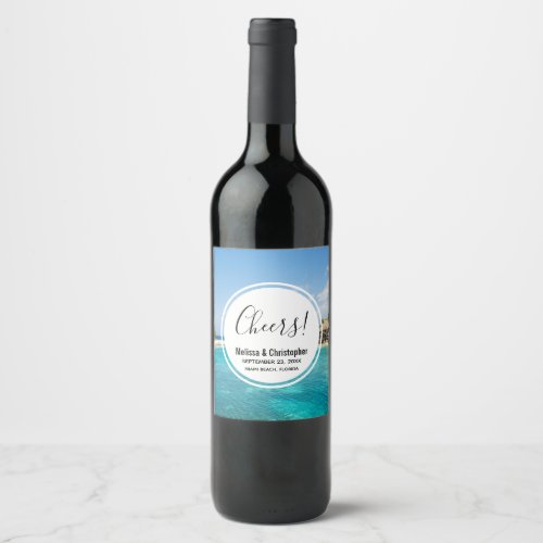 Scenic Tropical Beach with Thatched Huts Wedding Wine Label