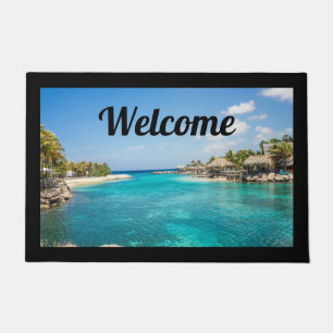 Scenic Tropical Beach with Thatched Huts Welcome Doormat