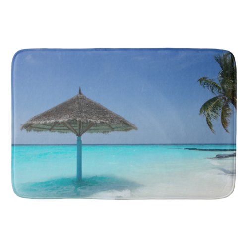 Scenic Tropical Beach with Thatched Umbrella Bath Mat