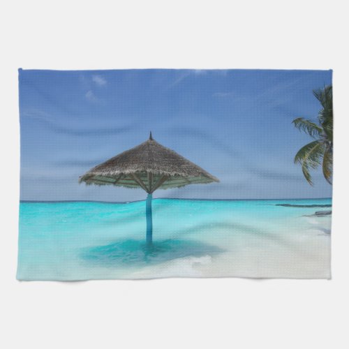 Scenic Tropical Beach with Thatched Umbrella Kitchen Towel