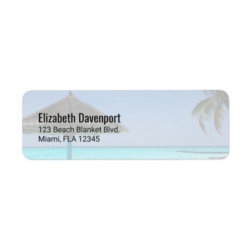 Scenic Tropical Beach with Thatched Umbrella Label