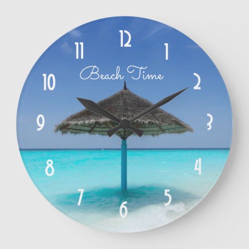Scenic Tropical Beach with Thatched Umbrella Large Clock