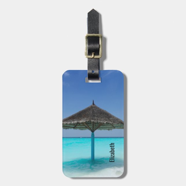 Scenic Tropical Beach with Thatched Umbrella Luggage Tag (Front Vertical)