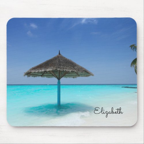 Scenic Tropical Beach with Thatched Umbrella Mouse Pad