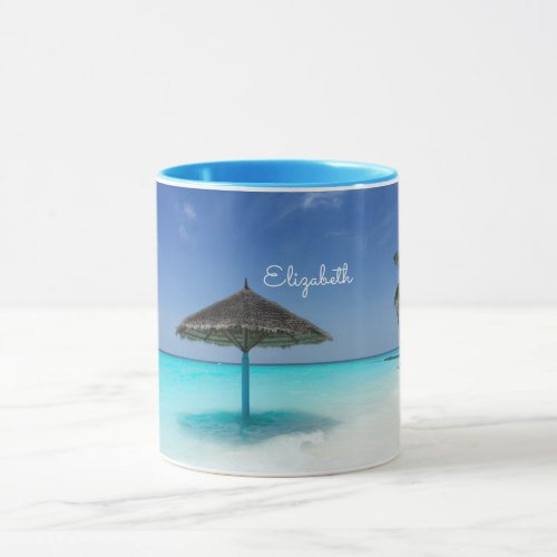 Scenic Tropical Beach with Thatched Umbrella Mug