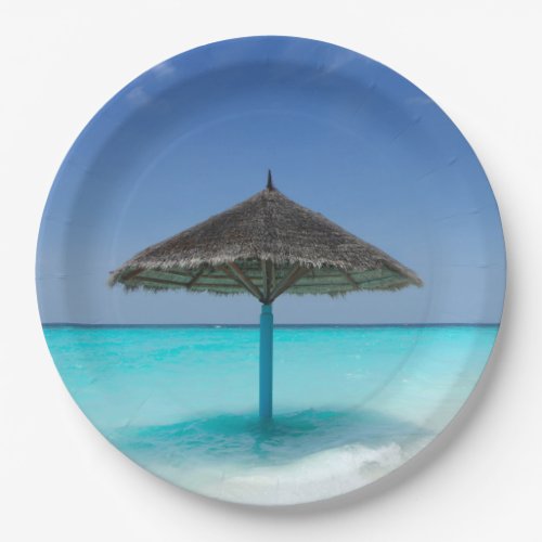 Scenic Tropical Beach with Thatched Umbrella Paper Plates