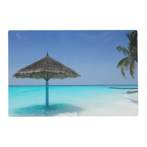 Scenic Tropical Beach with Thatched Umbrella Placemat