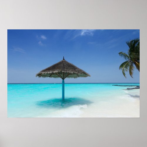 Scenic Tropical Beach with Thatched Umbrella Poster