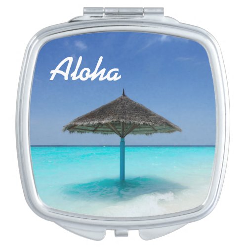 Scenic Tropical Beach with Thatched Umbrella Vanity Mirror