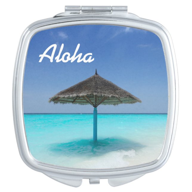 Scenic Tropical Beach with Thatched Umbrella Vanity Mirror (Front)
