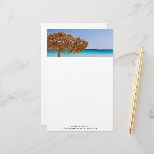 Scenic Tropical Ocean with Straw Umbrella Stationery (Front/Back In Situ)