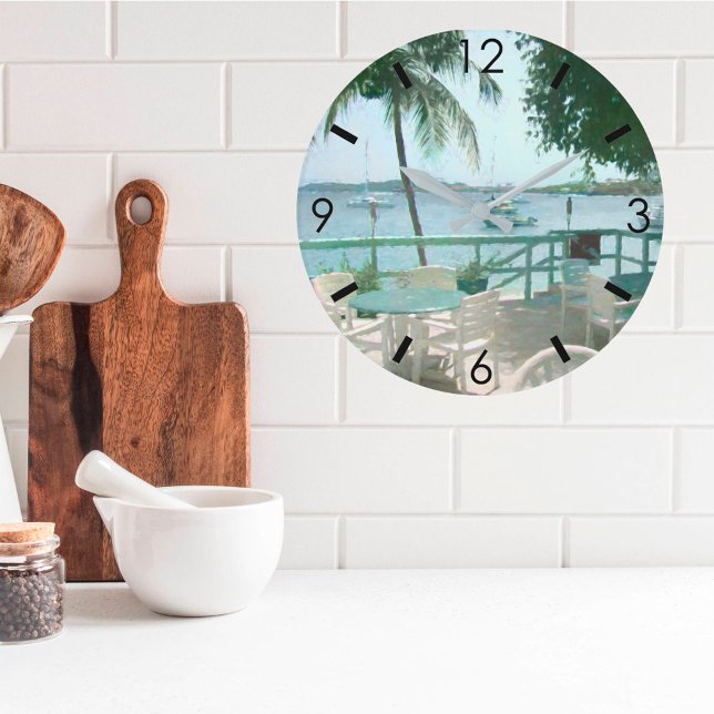 Scenic Tropical Water Boats Palm Tree Large Clock (Creator Uploaded)