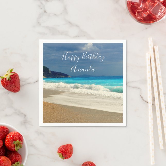 Scenic Turquoise Blue Sea Beach Photo Birthday Napkins (Insitu)
