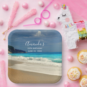 Scenic Turquoise Blue Sea Beach Photo Birthday Paper Plates