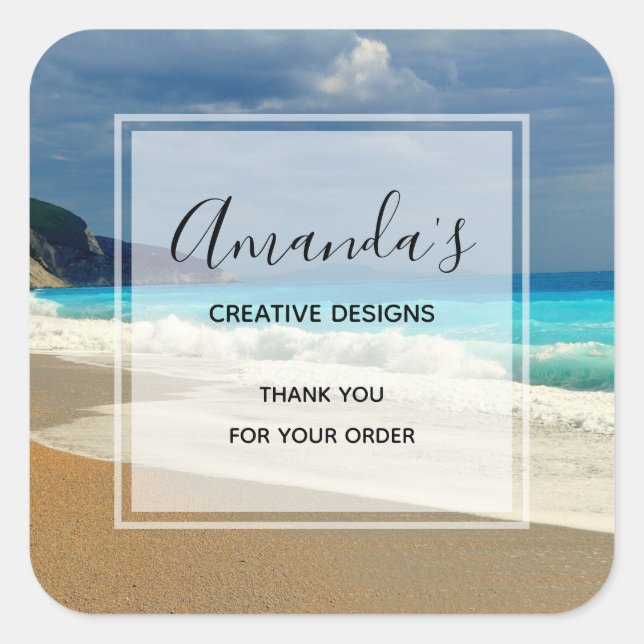 Scenic Turquoise Blue Sea Beach Photo Business Square Sticker (Front)