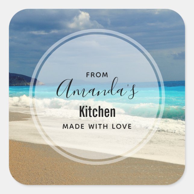 Scenic Turquoise Blue Sea Beach Photo Kitchen Square Sticker (Front)