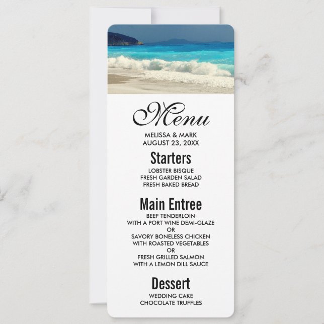 Scenic Turquoise Blue Sea Beach Photo Menu Invitation (Front)