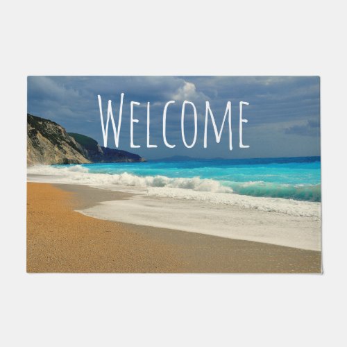 Scenic Turquoise Blue Sea Beach Photo Welcome Doormat