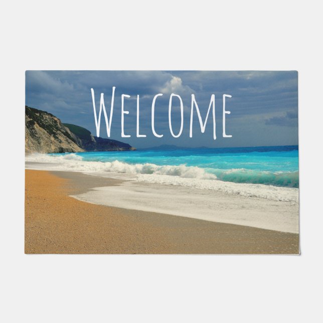 Scenic Turquoise Blue Sea Beach Photo Welcome Doormat (Front)