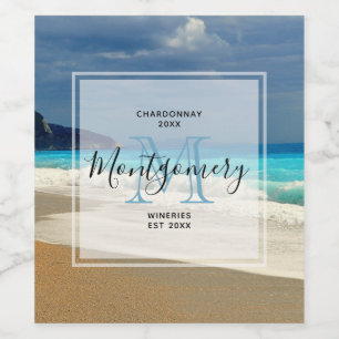 Scenic Turquoise Blue Sea Beach Photo Wine Making Wine Label