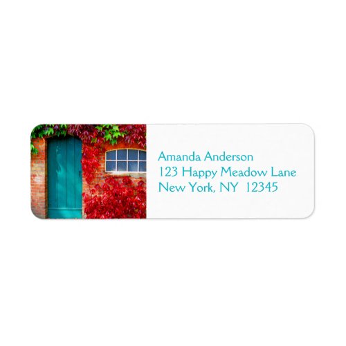 Scenic Turquoise Door with Vivid Autumn Leaves Label